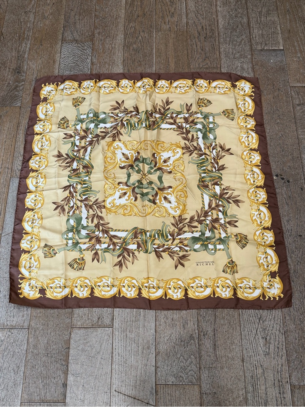Richel Paris Silk Scarf Baroque Gold Brown Tassel Foulard Square Wrap Vintage